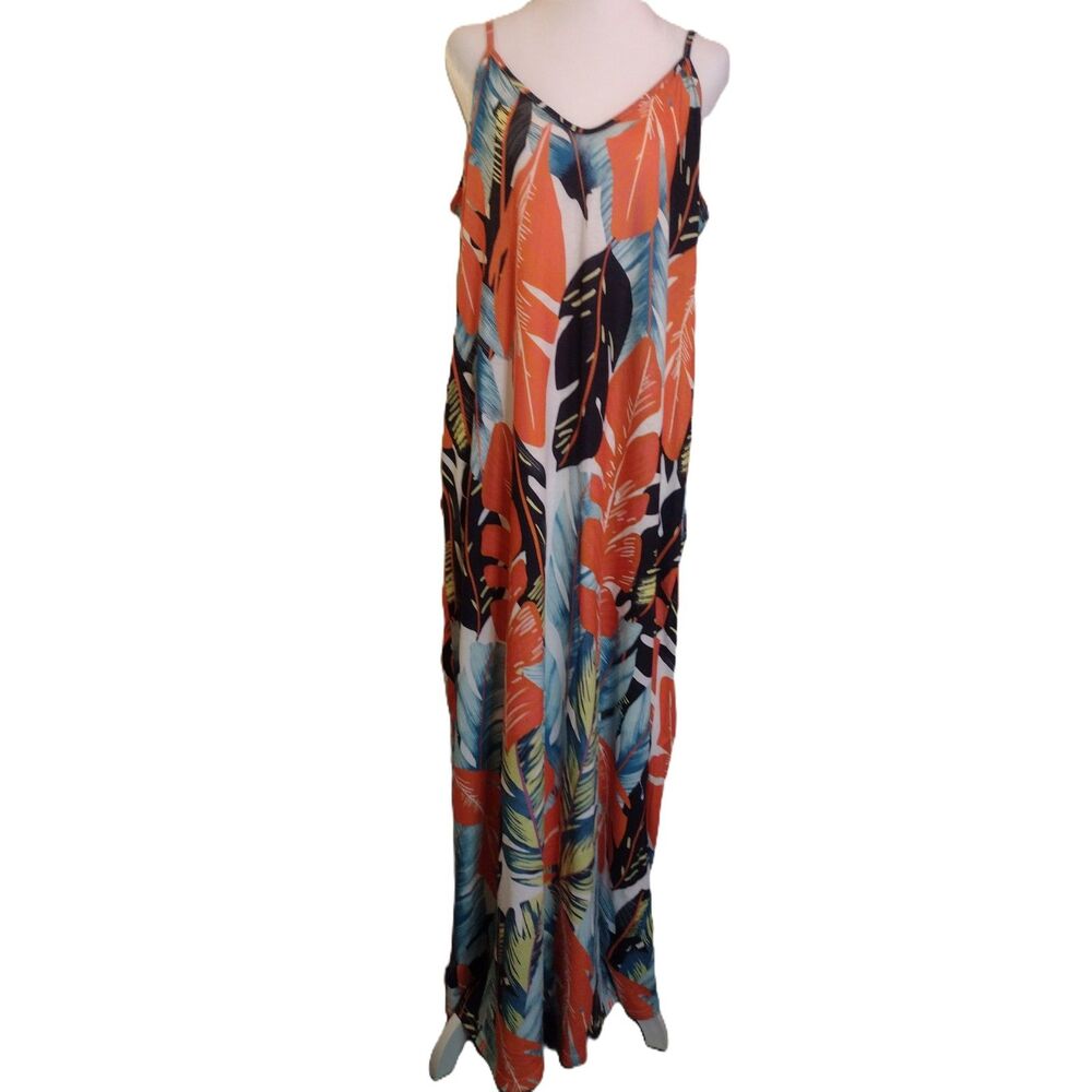 Tropic Vibes Tropical Leaf Print Maxi Dress Size M With Pockets